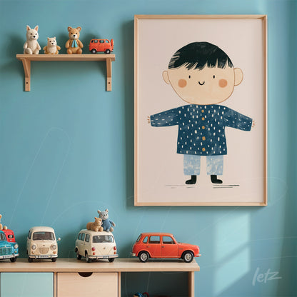 quadro com ilustração infantil de personagem masculino sorridente em moldura clara sobre parede azul