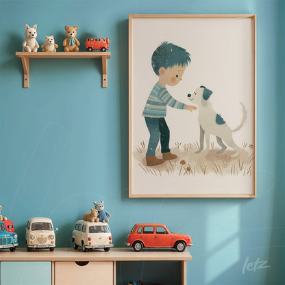quadro com ilustração de menino carinhosamente interagindo com um cachorro, em moldura de madeira clara sobre parede azul