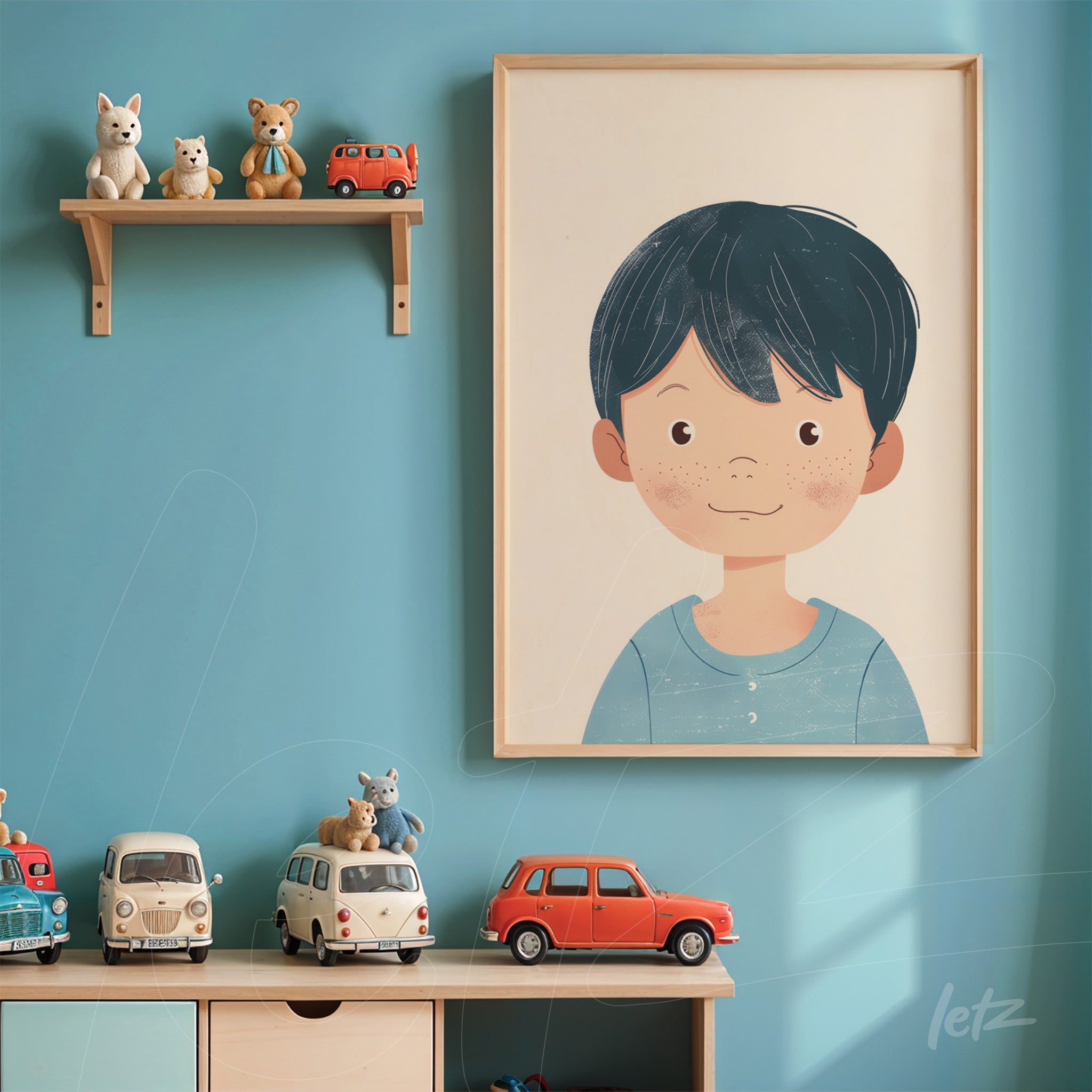 quadro com ilustração de menino com cabelo escuro em moldura clara sobre parede azul