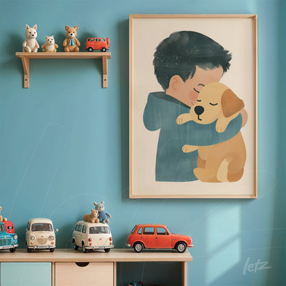 quadro decorativo com ilustração de menino abraçando um cachorro, moldura clara e fundo azul