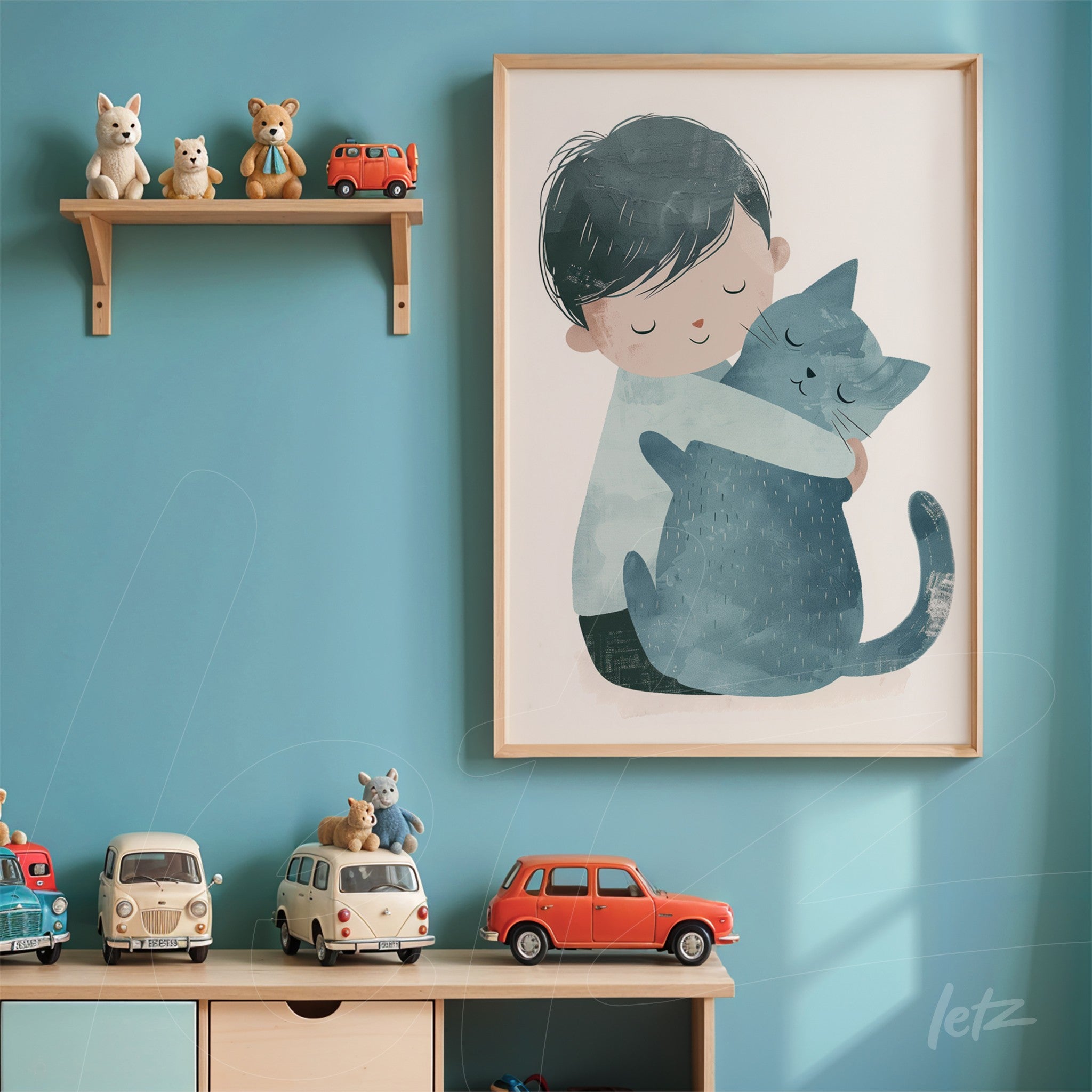 quadro em moldura clara com ilustração de menino abraçando gato em fundo azul