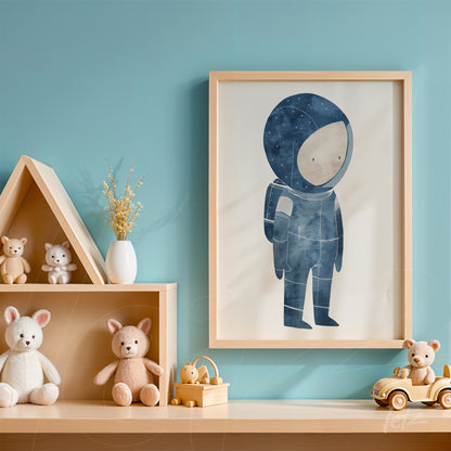 quadro com arte infantil de astronauta em moldura clara sobre parede azul em ambiente decorado com brinquedos