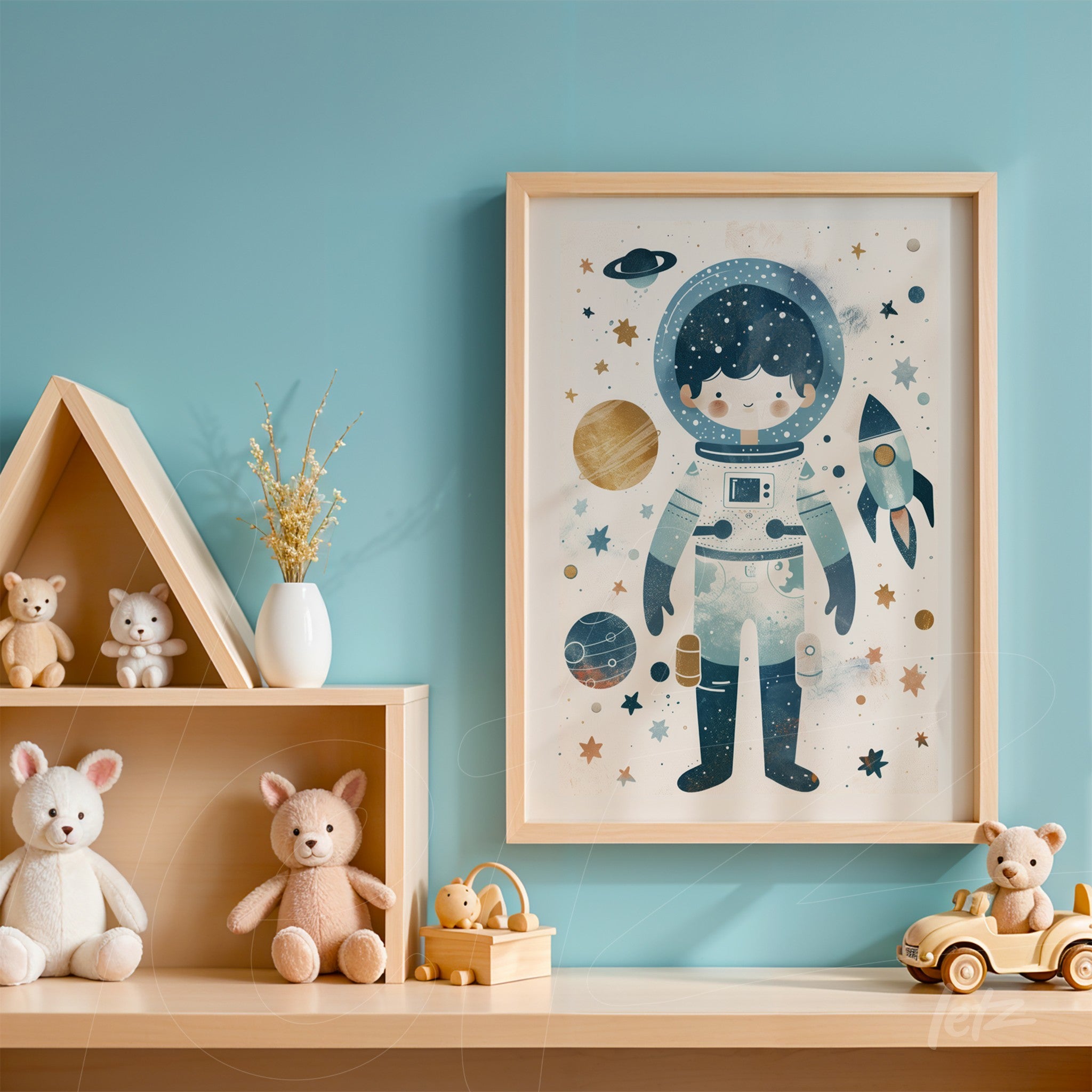quadro com ilustração de criança astronauta em moldura de madeira clara sobre parede azul, decorado com brinquedos de pelúcia