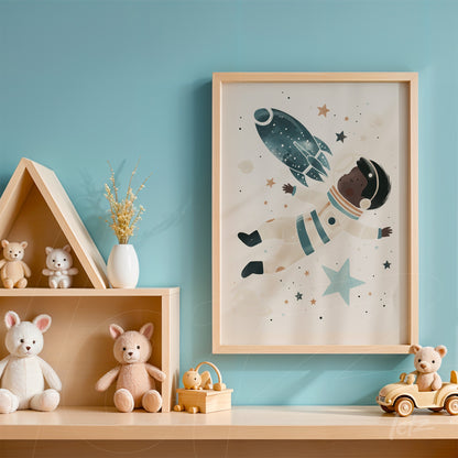 quadro com ilustração de astronauta negro flutuando em meio a estrelas com moldura clara sobre fundo azul