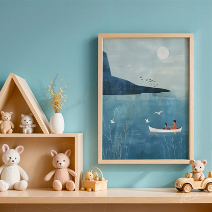 quadro com ilustração minimalista de um casal em um barco em lago sereno, moldura de madeira clara sobre parede azul