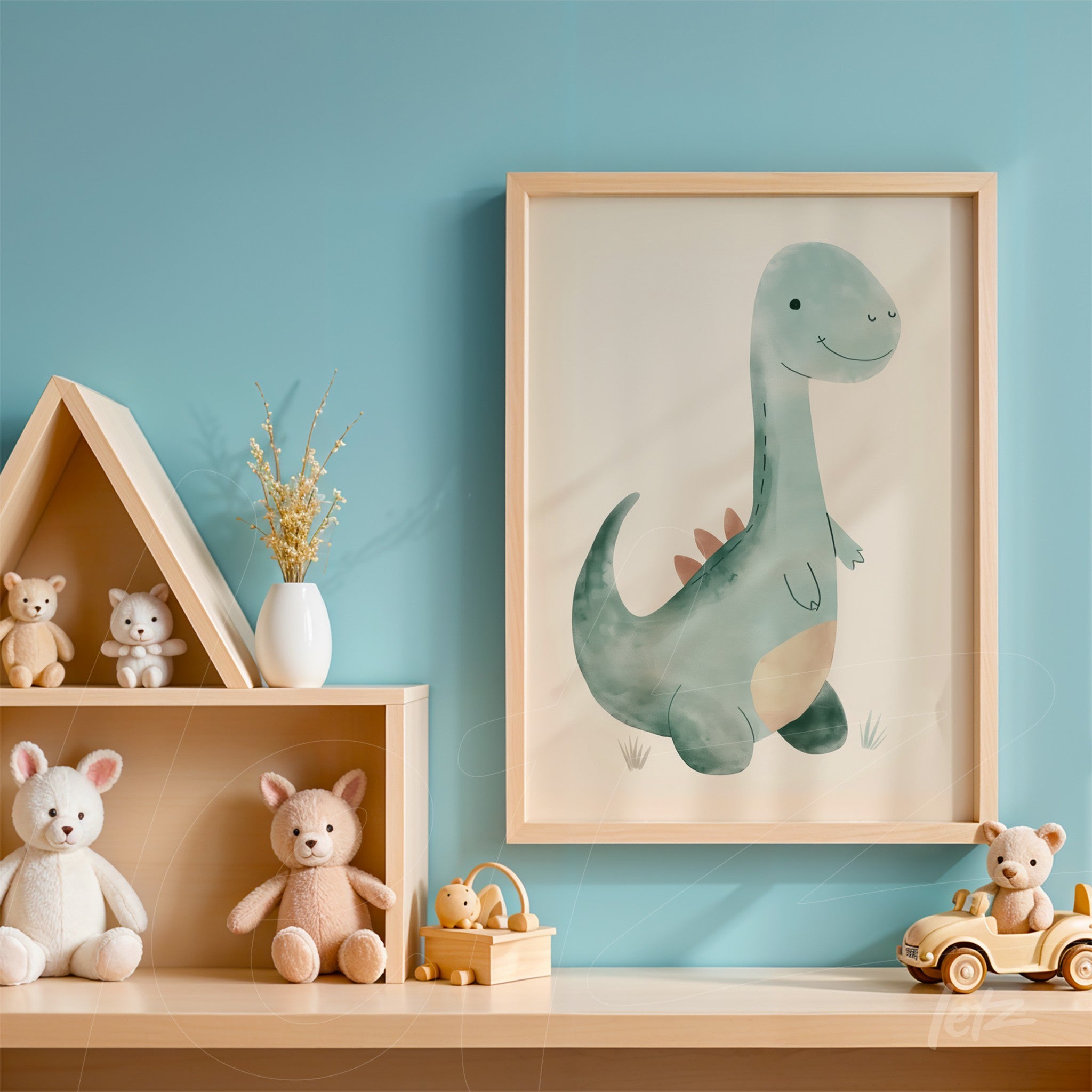 quadro com ilustração de dinossauro em estilo aquarelado, moldura de madeira clara, exibido sobre prateleira em ambiente infantil