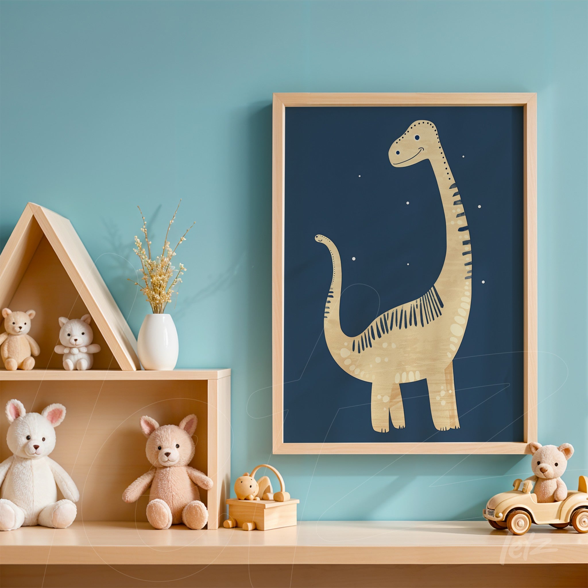 quadro com ilustração de dinossauro em moldura clara, exibido sobre parede azul