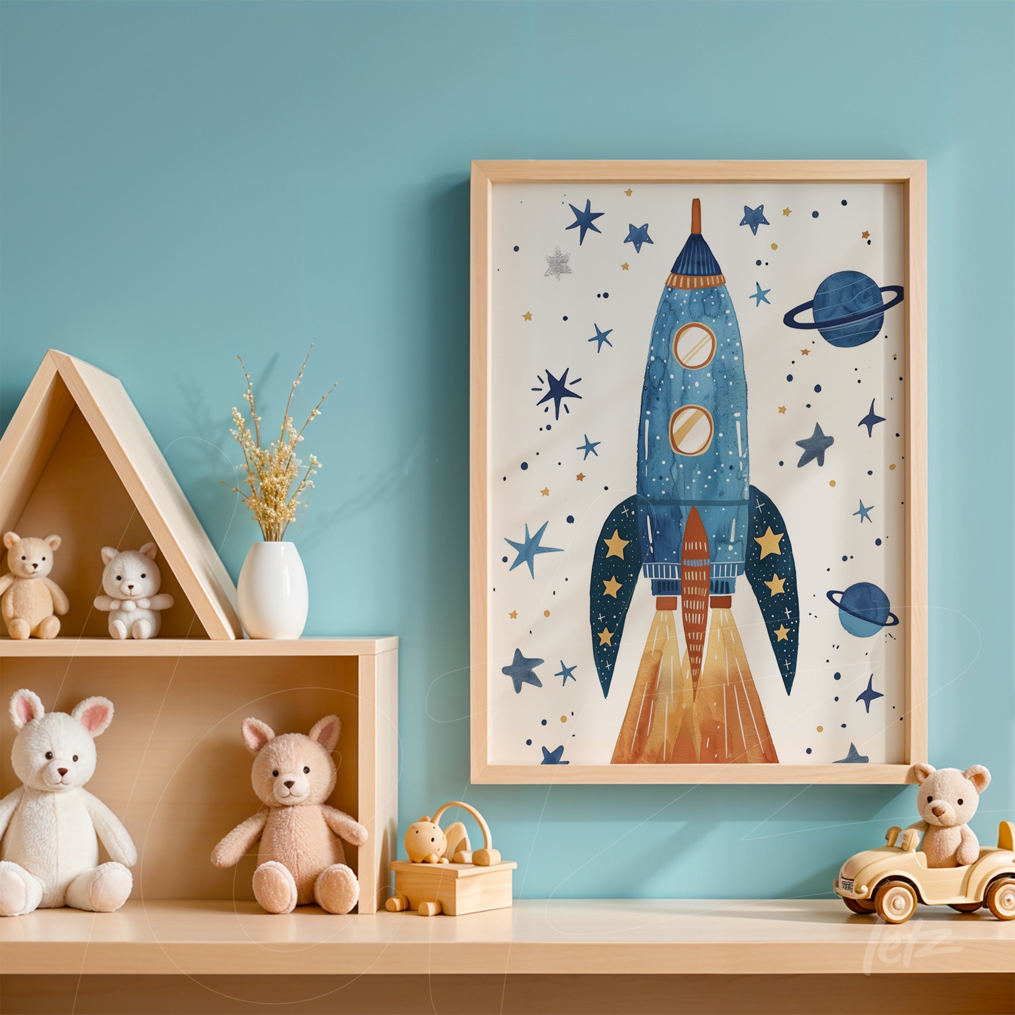 quadro com arte infantil de foguete em fundo estrelado, moldura de madeira clara, exposto sobre prateleira de madeira clara com brinquedos