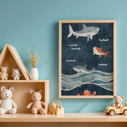 quadro de arte infantil com tubarões nadando em fundo azul e moldura clara
