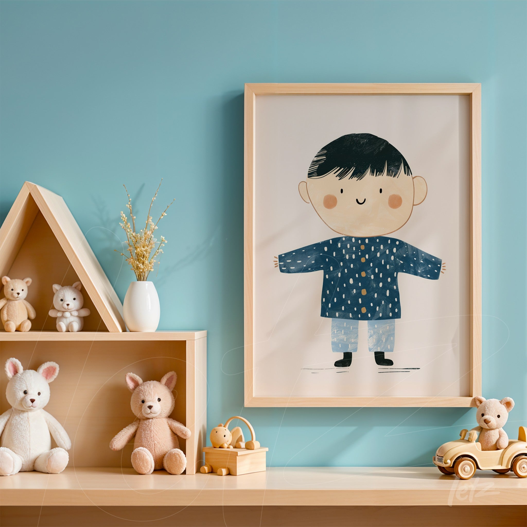 quadro infantil com ilustração de menino sorridente em moldura clara sobre parede azul