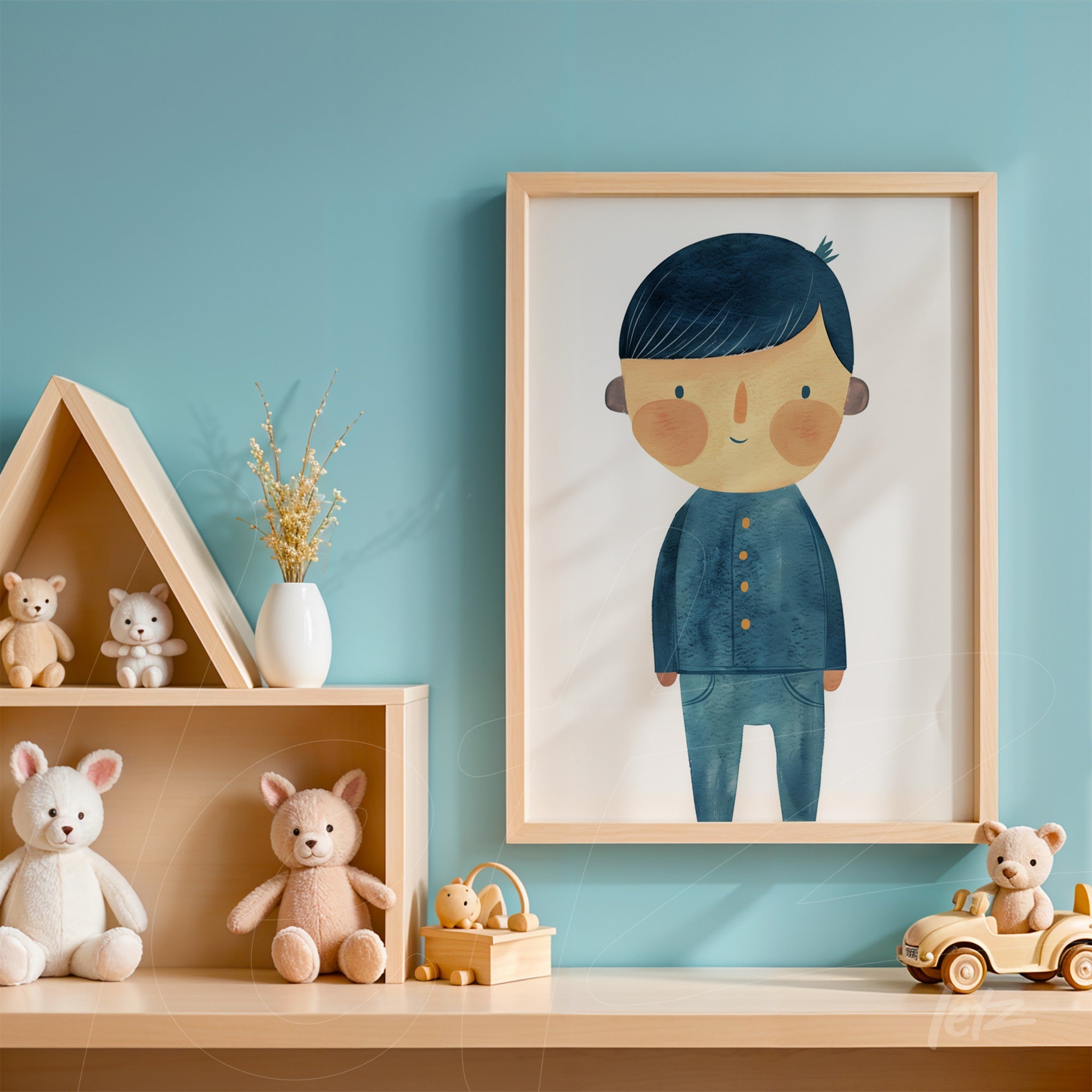quadro com arte infantil de menino sorridente em moldura clara, ao fundo parede azul e prateleira de brinquedos