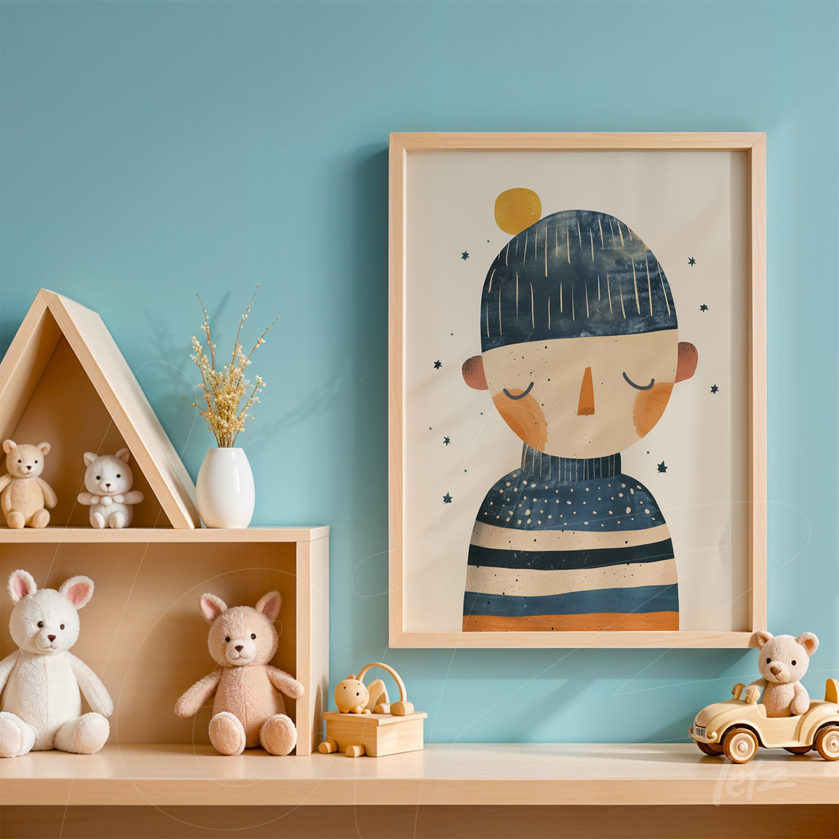 quadro com ilustração de menino com chapéu azul em moldura de madeira clara, exposto em prateleira de madeira clara com brinquedos