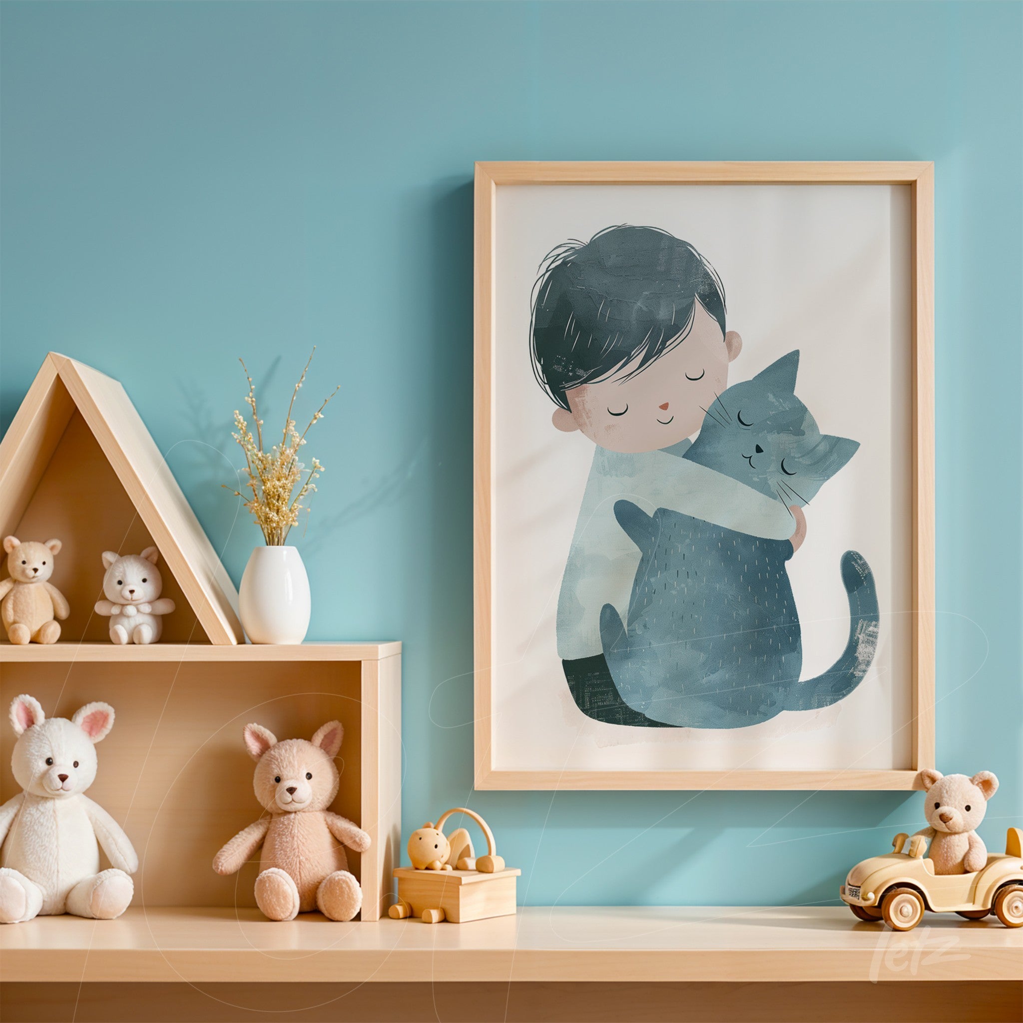 quadro com ilustração infantil de menino abraçando um gato em moldura clara sobre parede azul