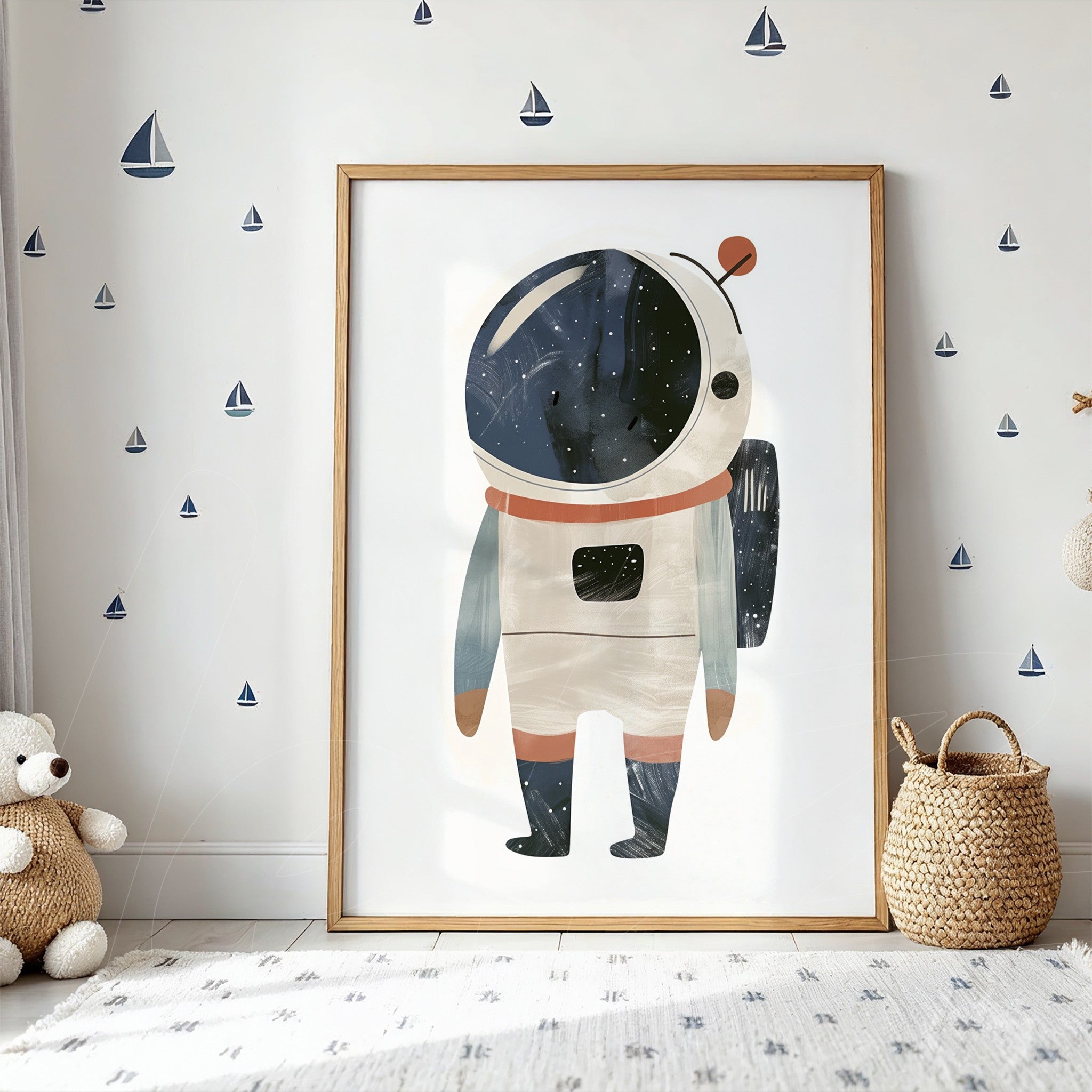 quadro com ilustração de um astronauta em moldura de madeira clara, exibido em parede decorada com pequenos barcos