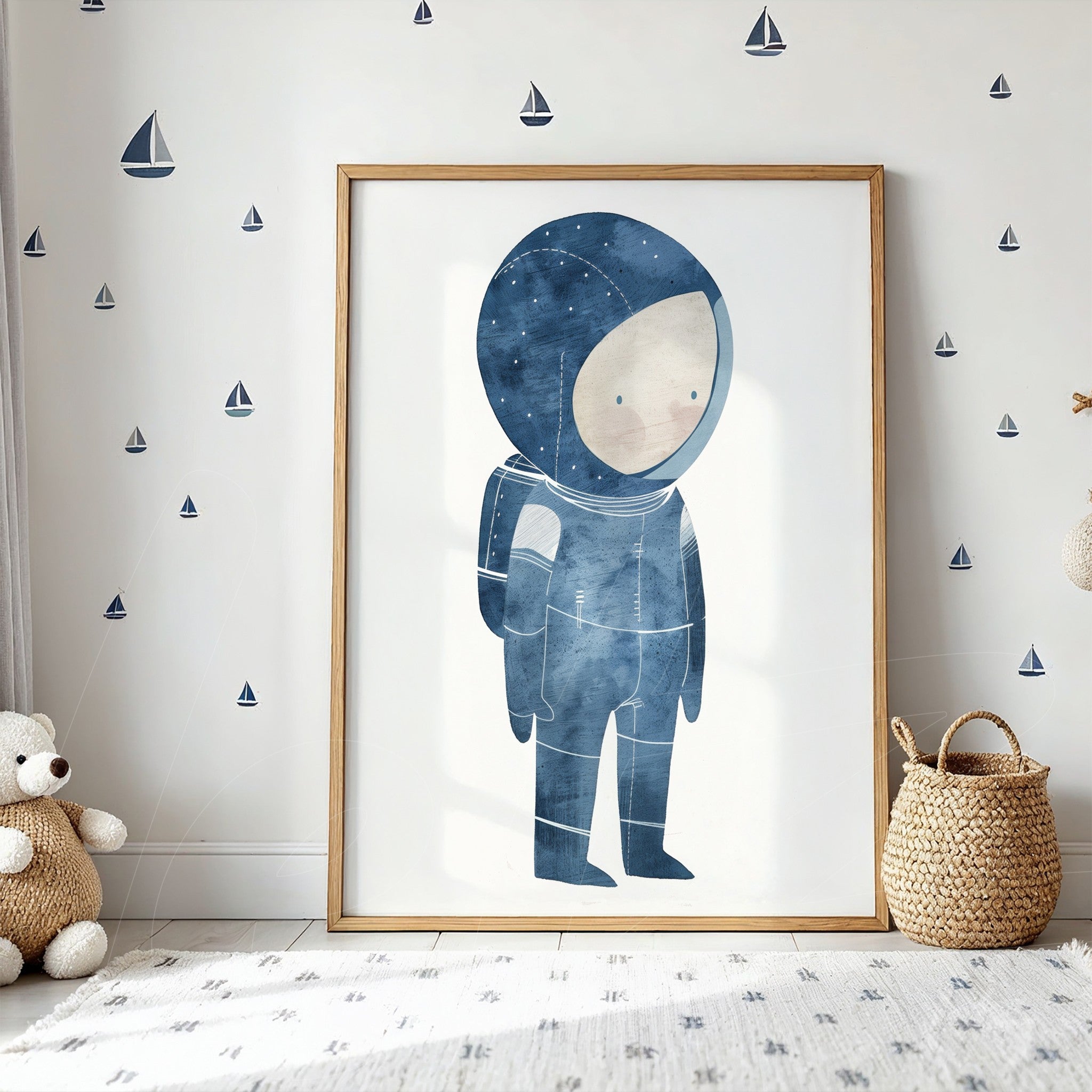 quadro emoldurado com ilustração de astronauta em tons de azul, exibido sobre parede decorada com barcos pequenos