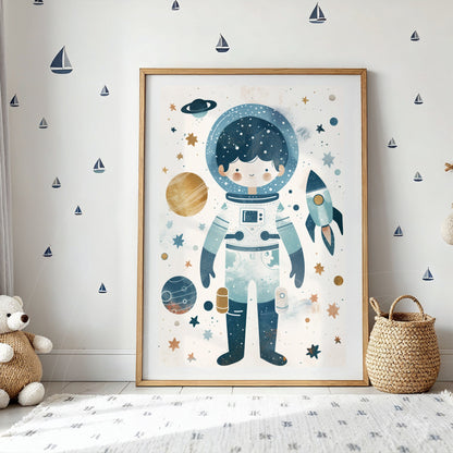 quadro com ilustração de astronauta estilizado em fundo com planetas e estrelas, moldura de madeira clara