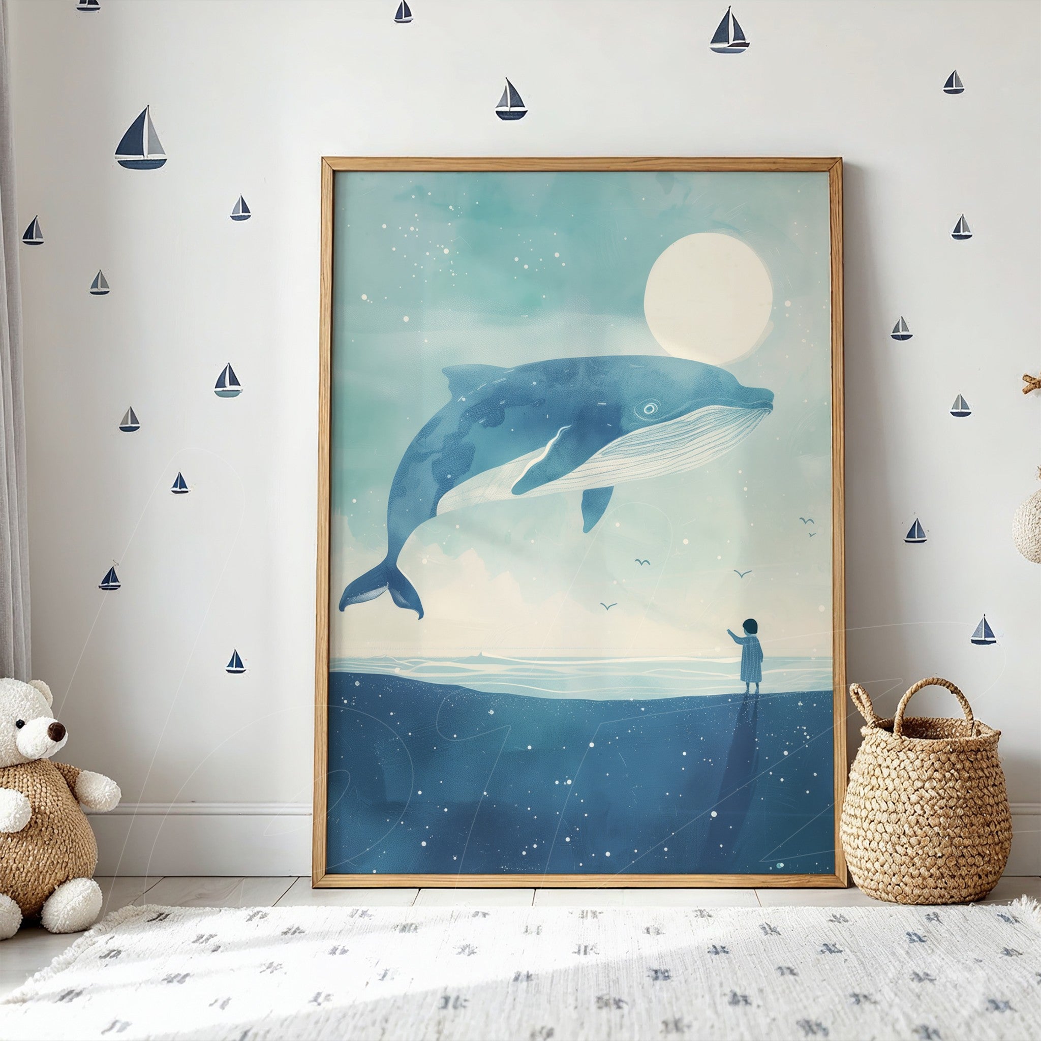 quadro emoldurado com ilustração de uma baleia saltando sob a luz da lua em um fundo azul, exibido sobre uma parede clara com adesivos de barcos