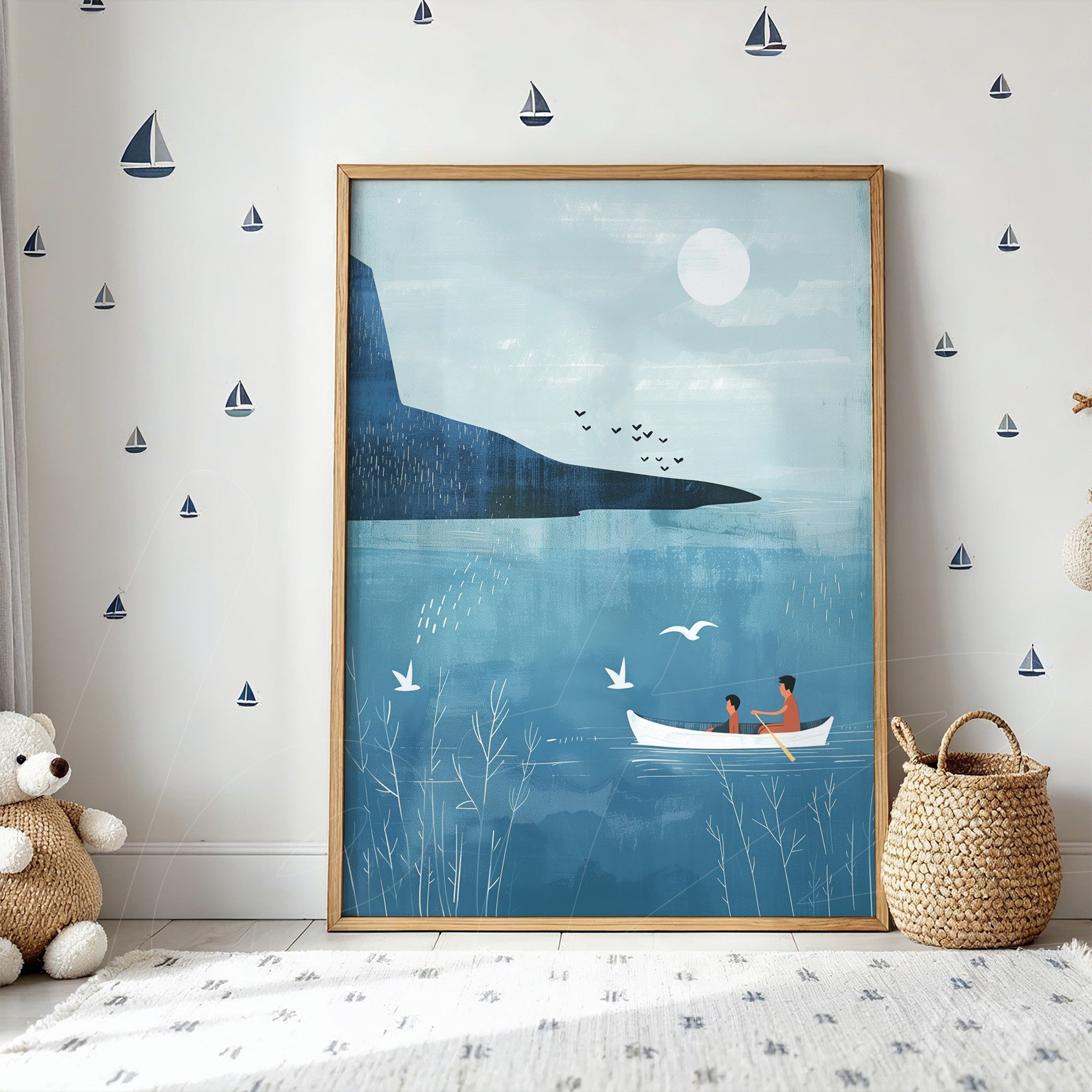 quadro emoldurado com ilustração de um barco no lago em tons de azul, mostrando duas pessoas remando sob um céu claro com sol e pássaros voando