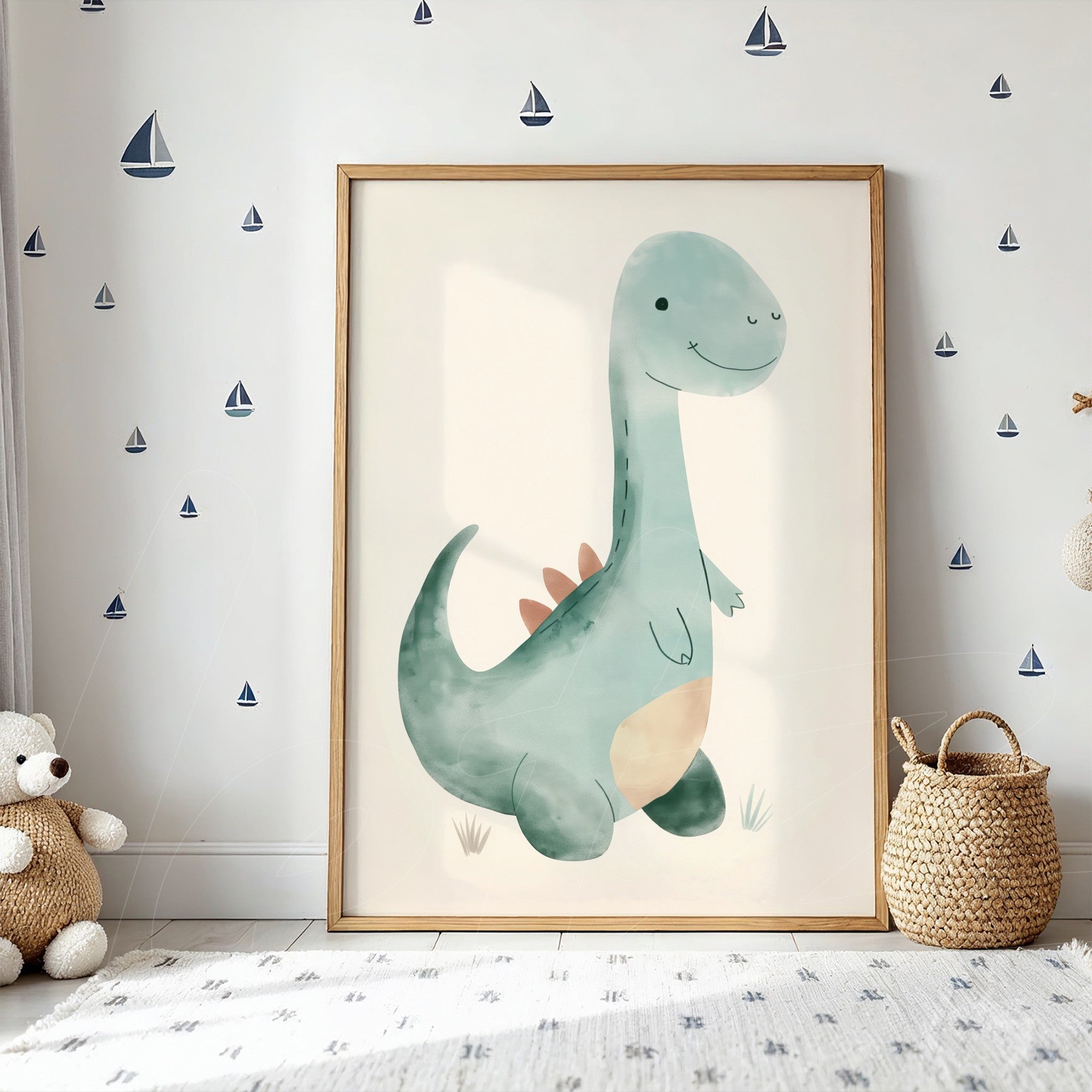 quadro com ilustração de dinossauro em parede clara com decoração náutica