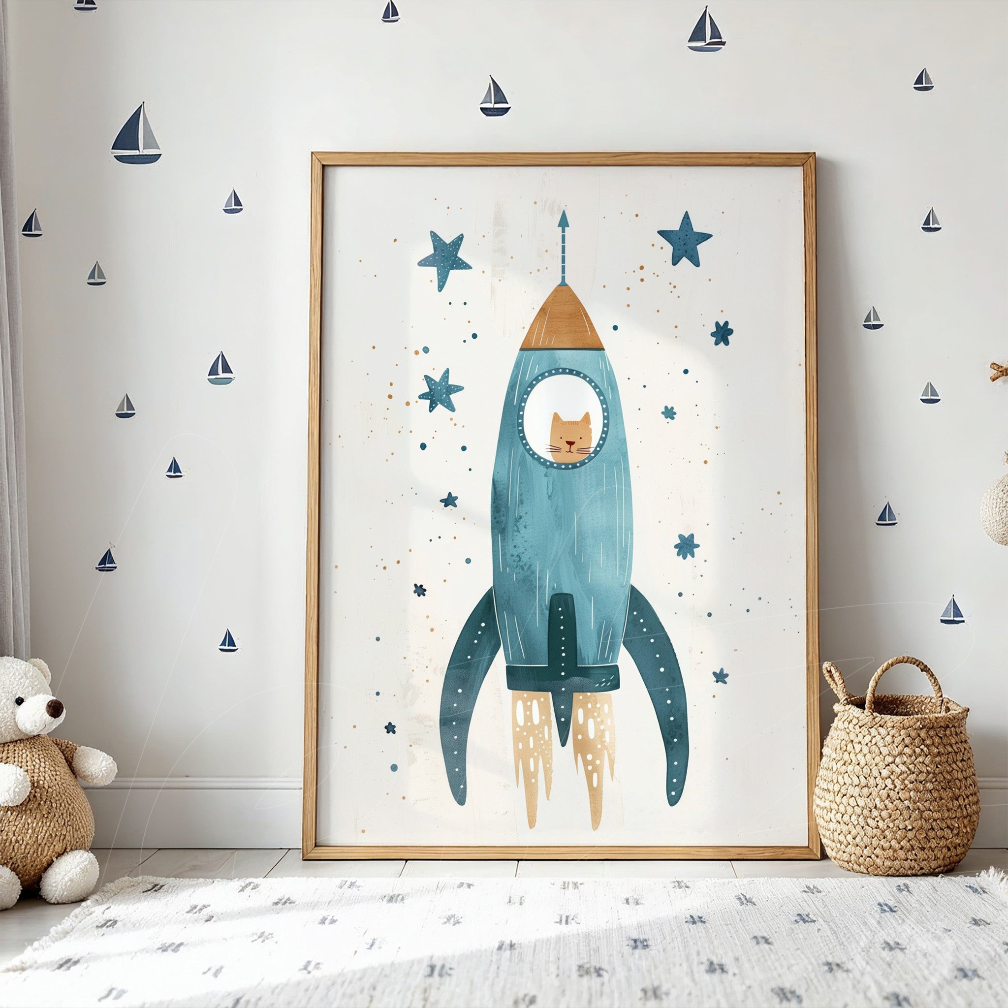 quadro com ilustração infantil de foguete azul com fundo claro e moldura de madeira clara