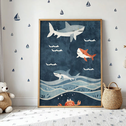 quadro com arte divertida de tubarões nadando em um mar azul com uma texturização suave, moldura de madeira clara ao fundo com decoração infantil