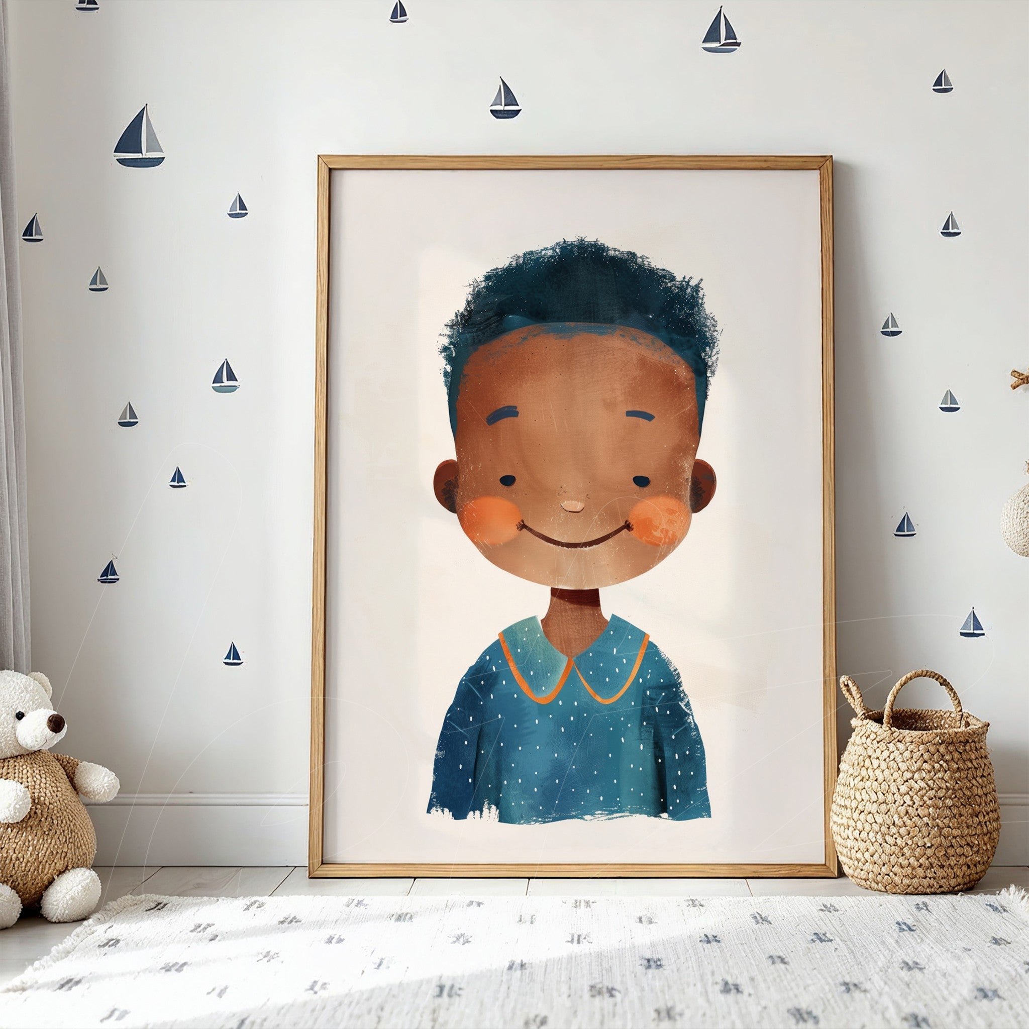 quadro com ilustração infantil de menino sorridente com cabelo afro em moldura de madeira clara