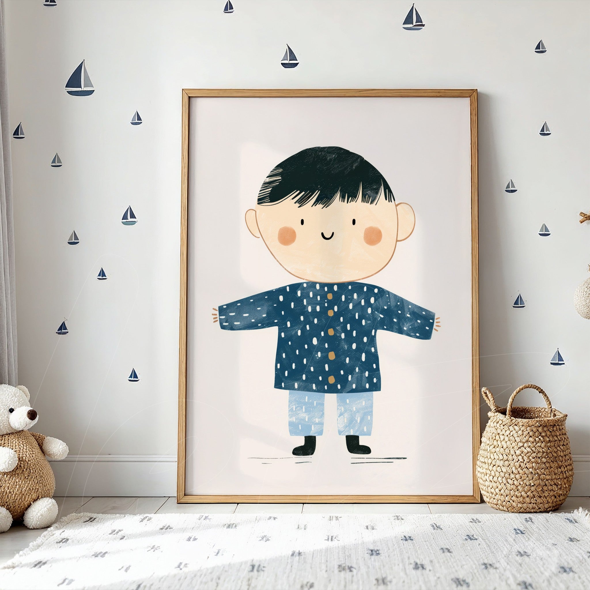 quadro com ilustração de menino sorridente, usando casaco azul com bolinhas brancas e calças claras, inserido em moldura de madeira clara, exposto em ambiente decorado com adesivos de barcos