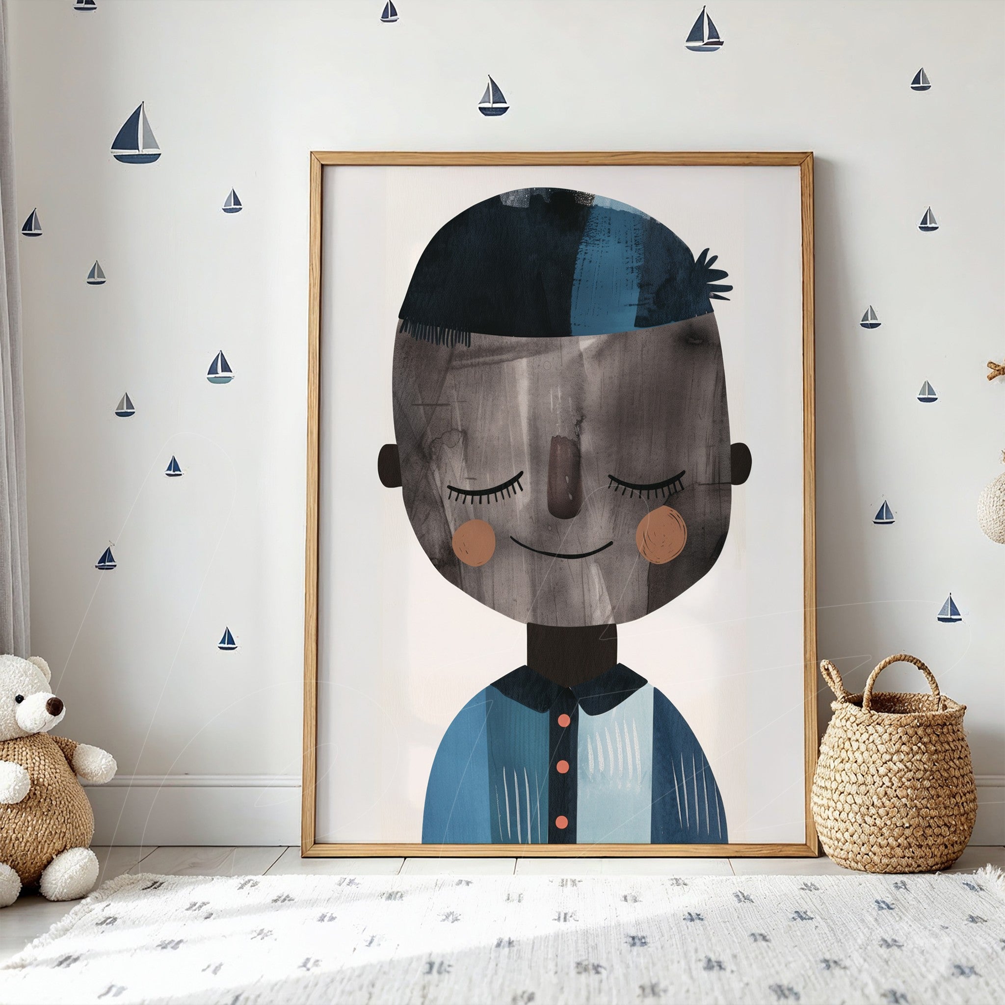 quadro com ilustração infantil de menino sorridente em moldura de madeira clara, exibido sobre parede clara com adesivos de barcos