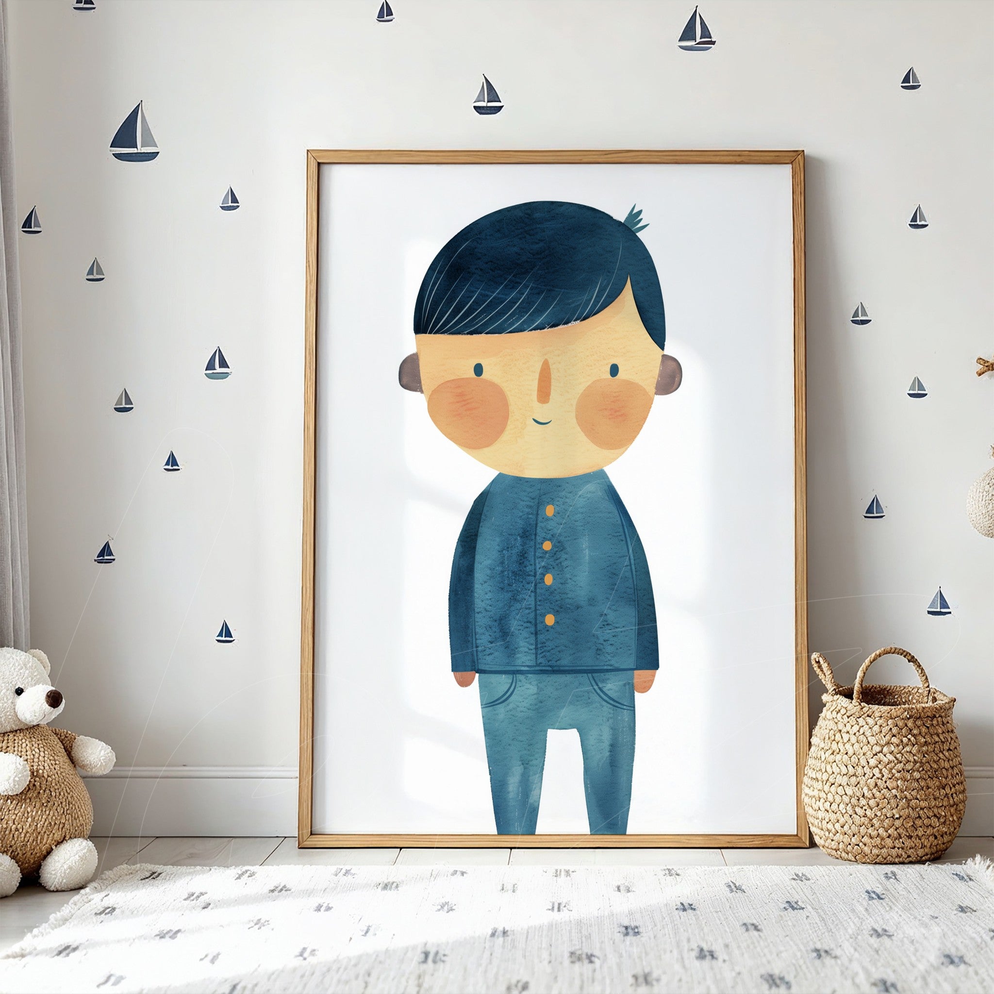 quadro com ilustração de menino em traje azul e cabelo escuro, moldura de madeira clara, em ambiente com parede decorada com pequenos barcos de papel