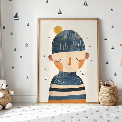 quadro com ilustração de figura humana com gorro e suéter listrado em moldura de madeira clara
