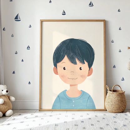 quadro decorativo retratando um menino sorridente com cabelo azul escuro, dentro de moldura de madeira clara, exposto em ambiente com paredes brancas e adesivos de barcos.
