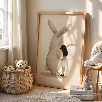quadro com ilustração de coelho gigante acariciando menina em moldura de madeira clara, apoiado em prateleira de madeira ao lado de cesto de vime com ursos de pelúcia