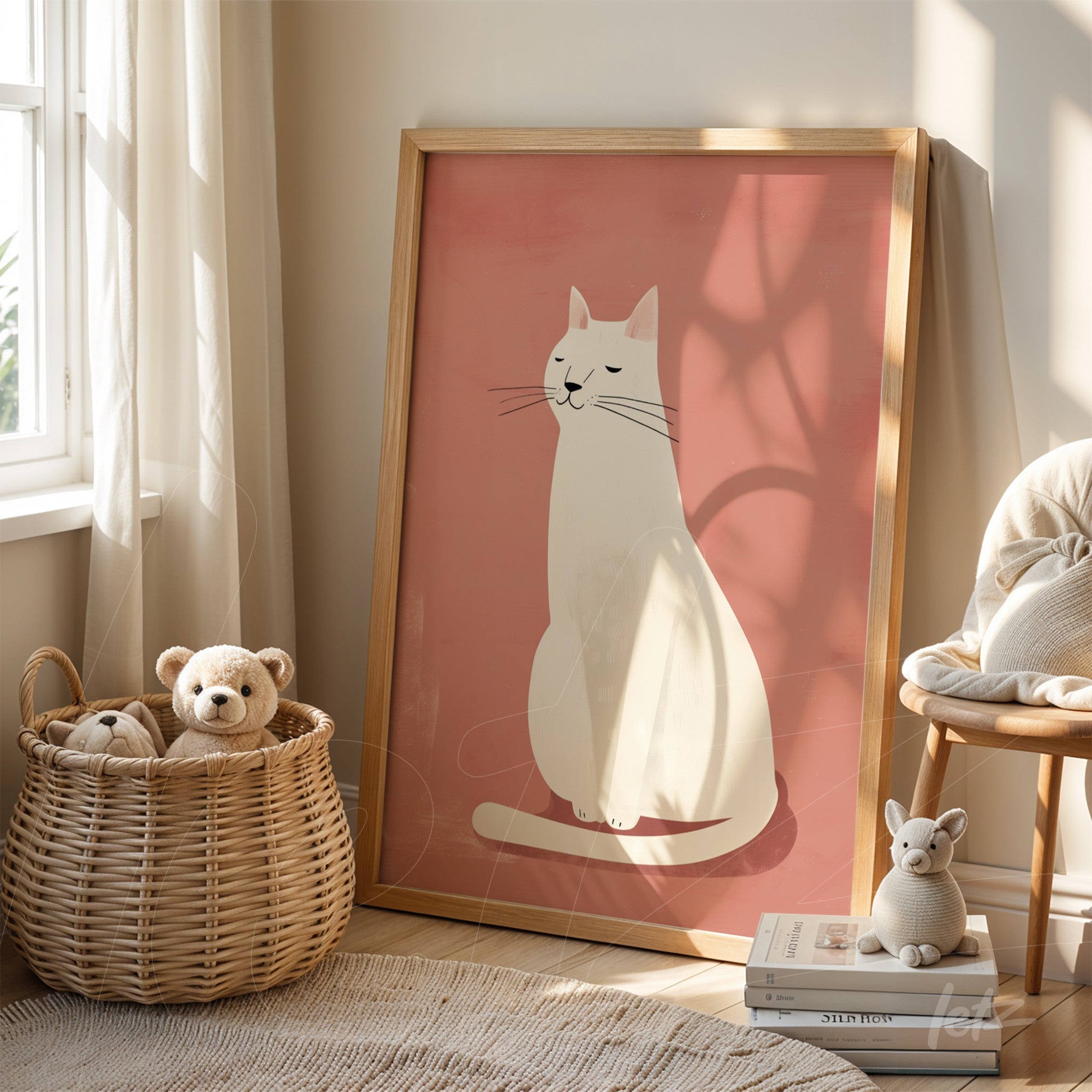 quadro com ilustração minimalista de gato branco em fundo rosa, moldura de madeira clara, apoiado em prateleira ao lado de decoração neutra