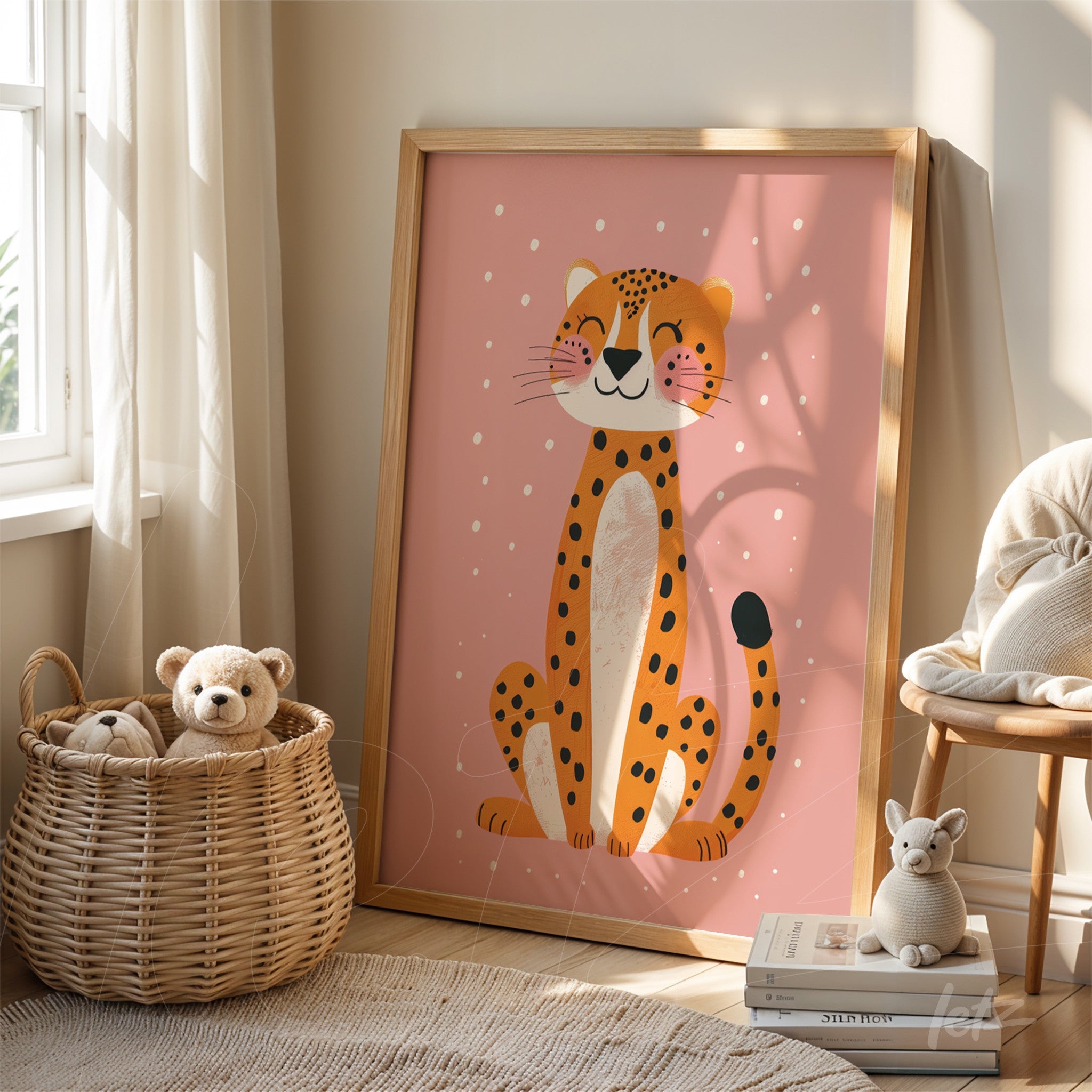 quadro com ilustração de leopardo estilizado em moldura de madeira clara sobre fundo rosa suave