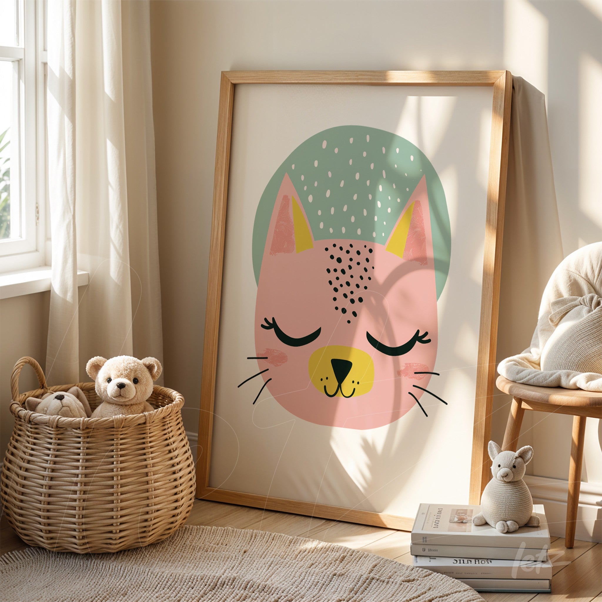 quadro em moldura de madeira clara com ilustração de um gato rosa com olhos cerrados e fundo verde