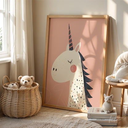 quadro com ilustração de unicórnio em estilo infantil com fundo rosa e moldura de madeira clara