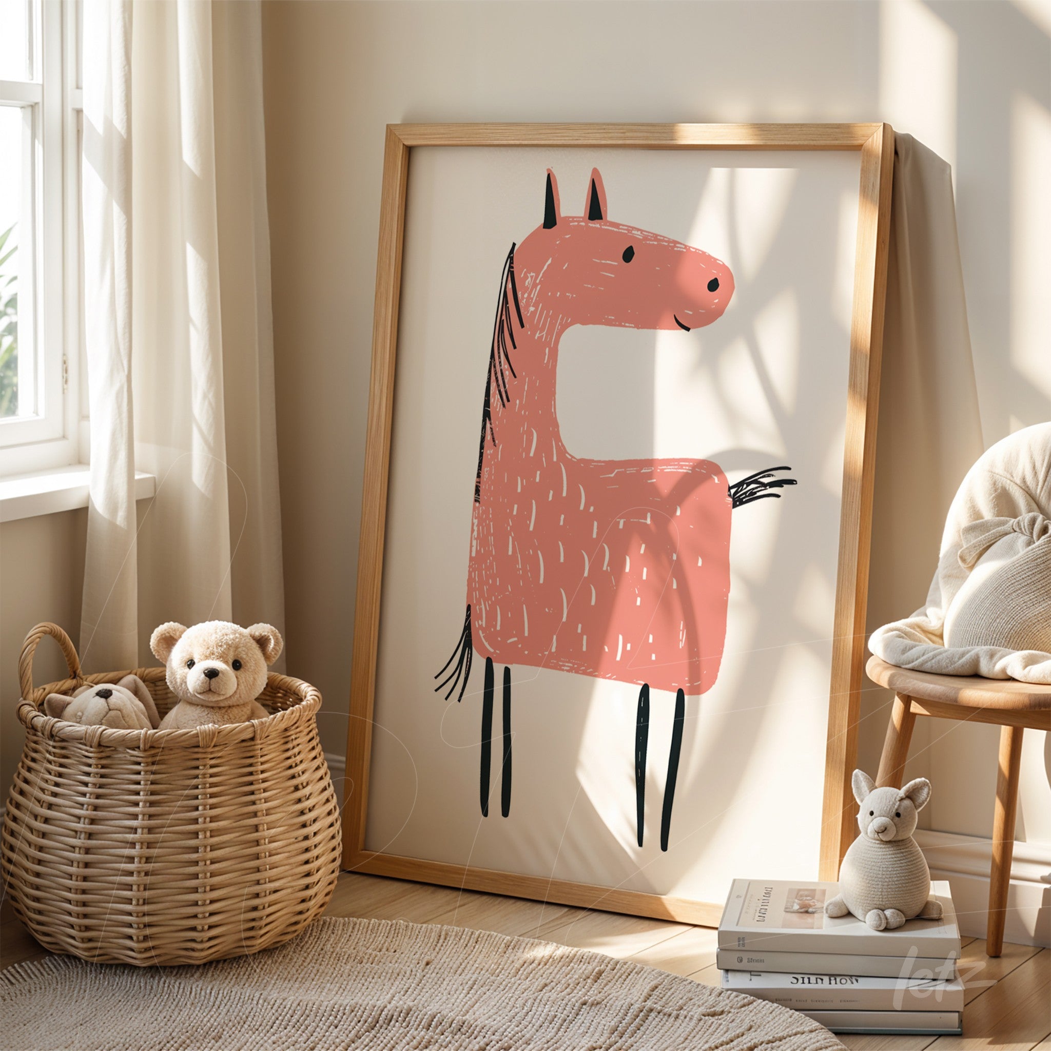 quadro com ilustração divertida de um cavalo rosa em moldura de madeira clara, apoiado sobre uma prateleira ao lado de brinquedos de pelúcia