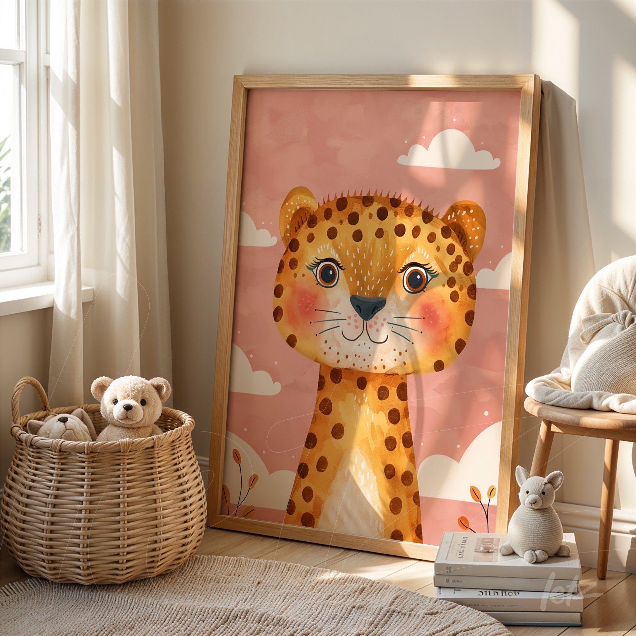 quadro com ilustração fofa de leopardo em fundo rosa, moldura de madeira clara apoiada em prateleira ao lado de uma cesta de vime