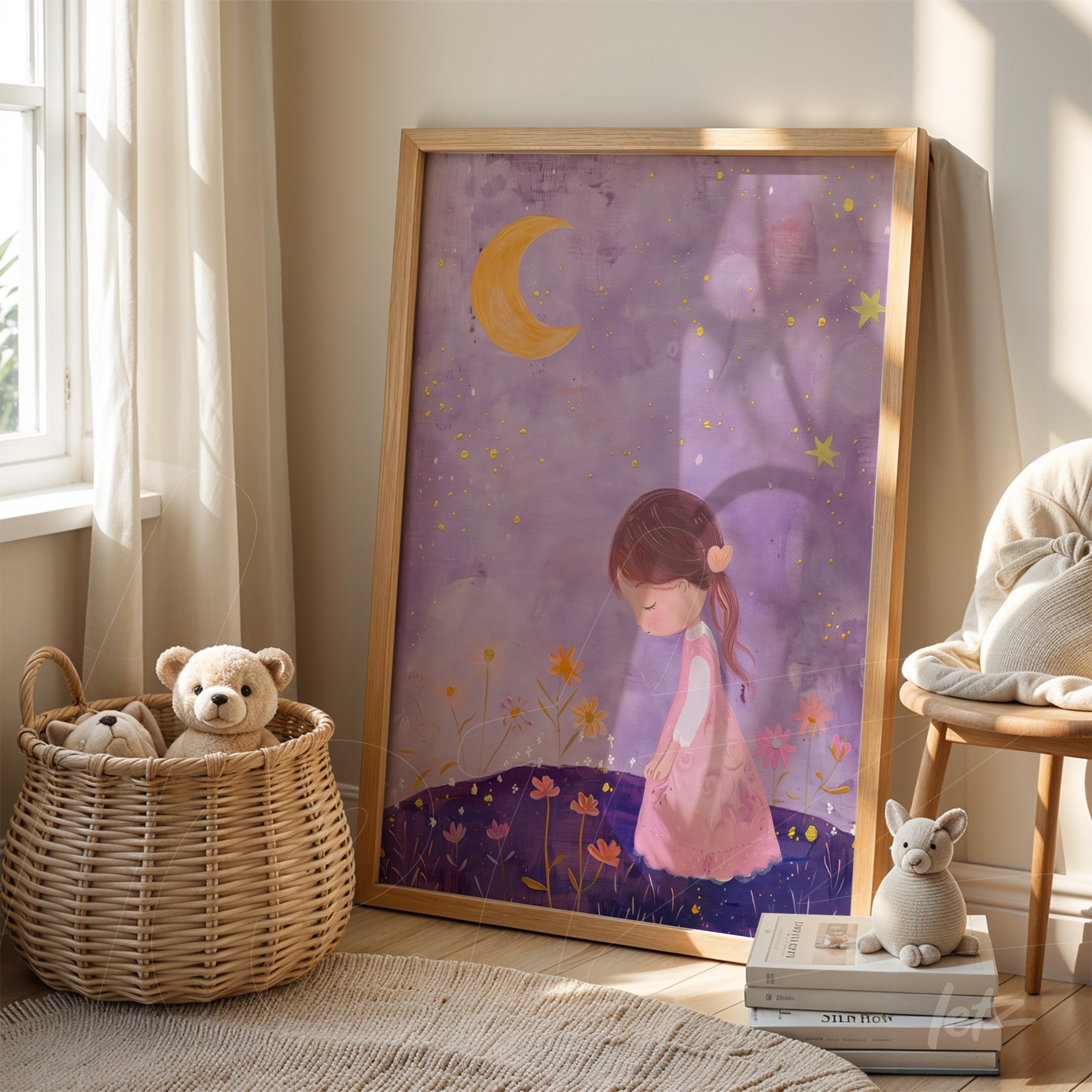 quadro com arte infantil de menina com vestido rosa em cenário noturno com lua e estrelas, moldura de madeira clara