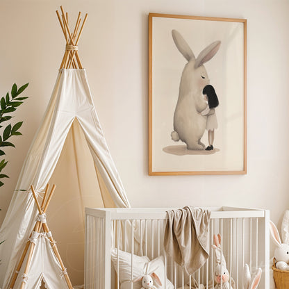 quadro com ilustração de coelho e menina em moldura clara, exibido em um quarto infantil com berço e tenda de brincar