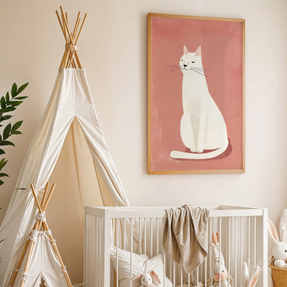 quadro com ilustração minimalista de um gato branco em fundo rosa, emoldurado com moldura dourada, exposto acima de um berço