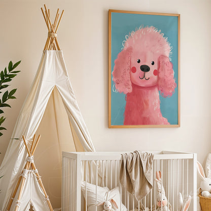 quadro com arte de cãozinho pink em fundo azul, moldura clara em ambiente de quarto infantil com berço e cabana