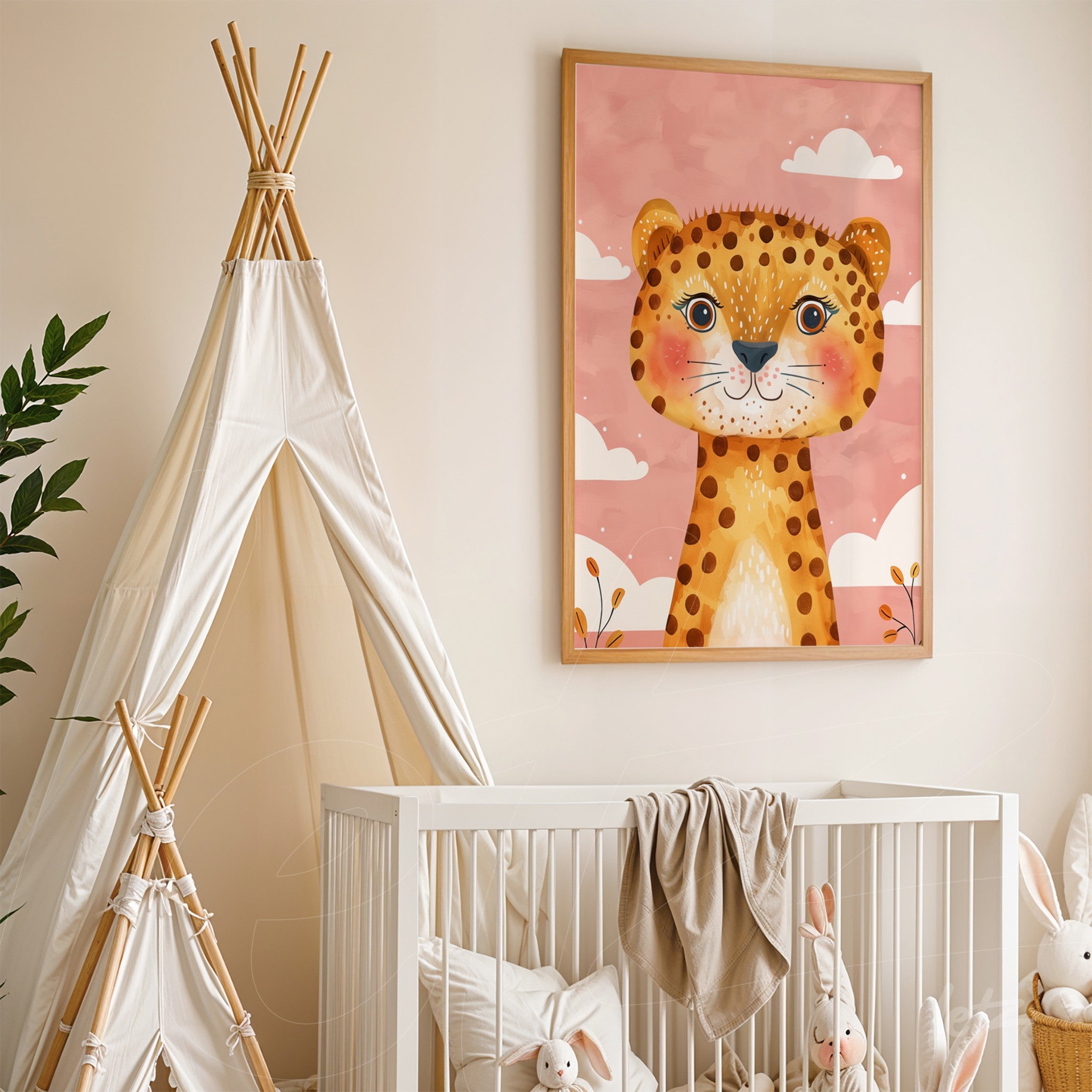 quadro com arte infantil de leopardo simpático em moldura de madeira clara sobre parede rosa