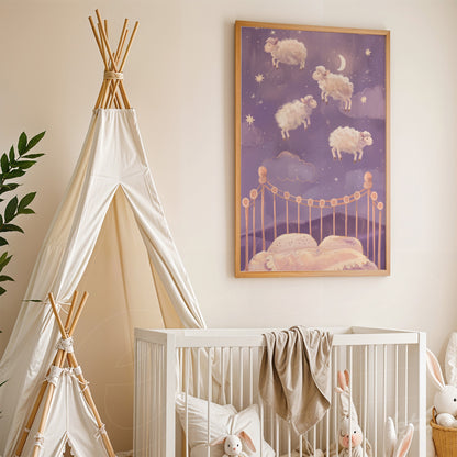 quadro com ilustração de ovelhas flutuando em um céu noturno com nuvens e estrelas, em moldura de madeira clara, exibido em um quarto infantil