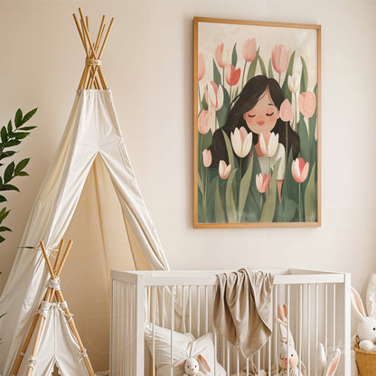 quadro com arte floral infantil de uma menina cercada por flores em moldura de madeira clara