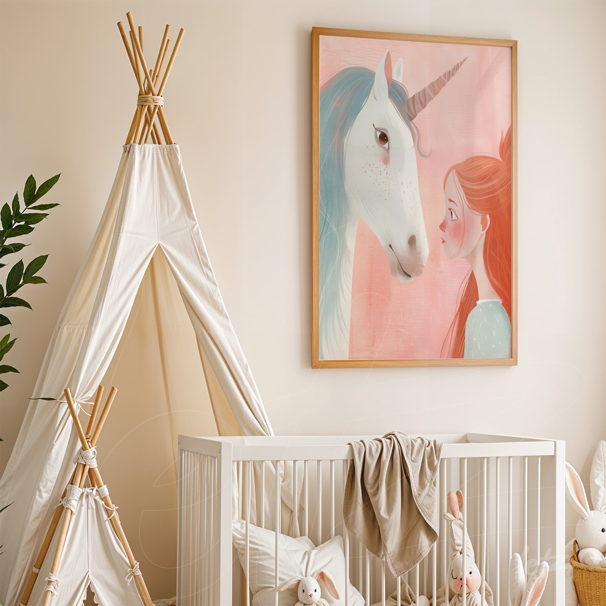 quadro com ilustração de uma jovem com cabelo laranja se encarando com um unicórnio em fundo rosa, moldura de madeira clara, decorando o quartinho infantil
