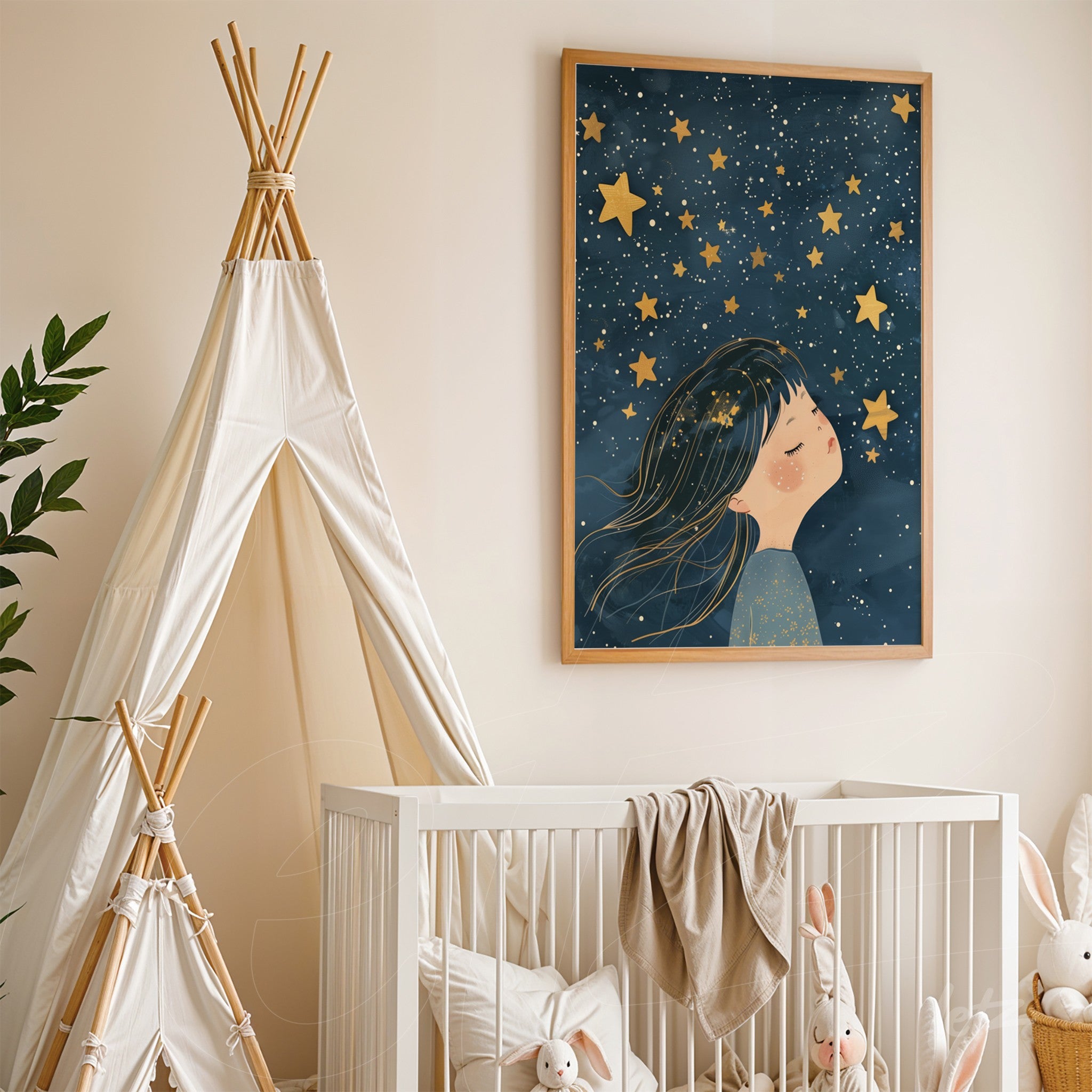 quadro com arte infantil de menina sonhando sob estrelas em moldura de madeira clara