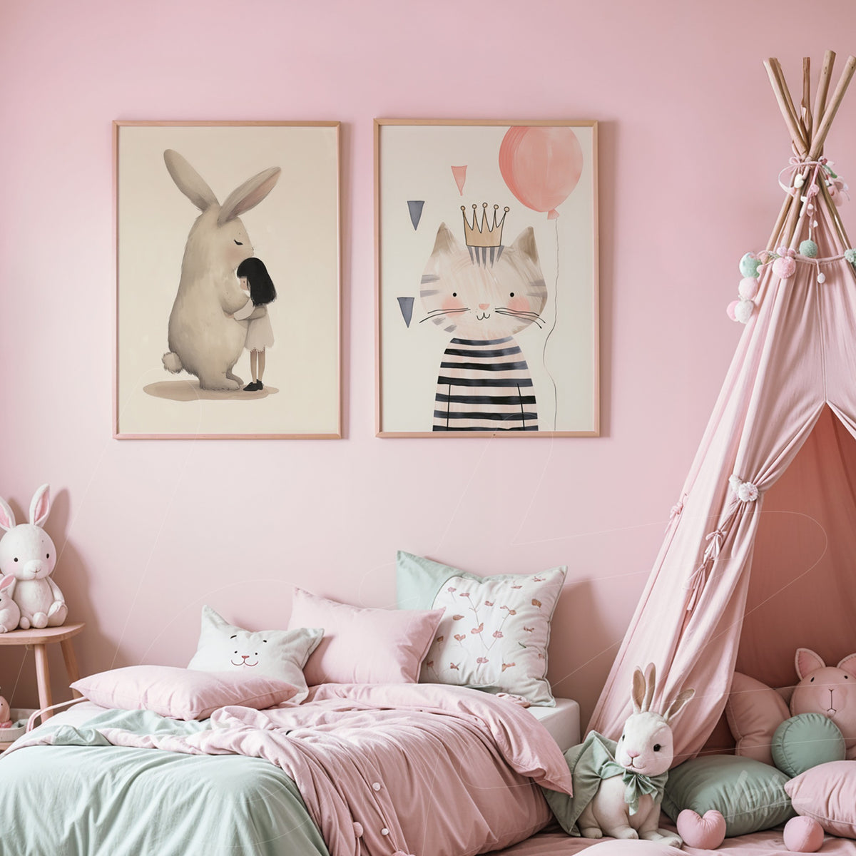 composição de dois quadros decorativos em moldura clara, um com ilustração de um coelho abraçando uma menina e outro com um gato usando uma coroa e balão, ambos sobre parede rosa suave