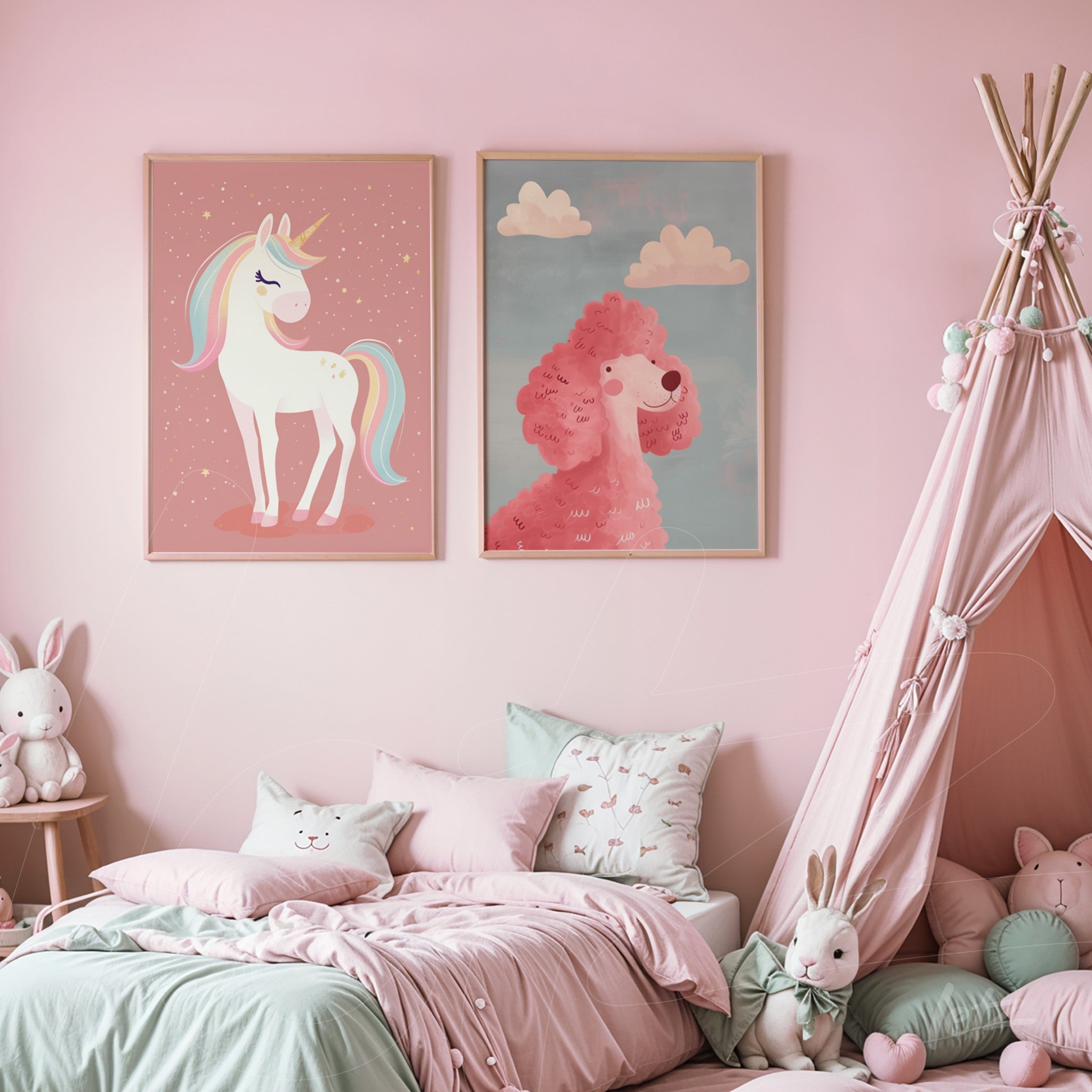 composição de quadros decorativos com um unicórnio colorido e um cachorro rosa em molduras claras, exibidos em um ambiente infantil com paredes rosas