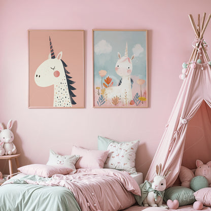 composição de dois quadros decorativos com imagens de unicórnios em molduras claras, exibidos sobre parede rosa suave